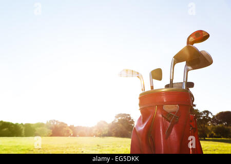 Golf equipment. Professional clubs in a leather baggage on golf course at sunny day. Stock Photo