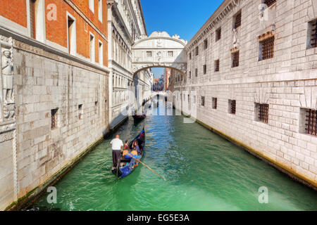 Venice, Italy. The Bridge of Sighs, gondola floats on a canal among old Venetian architecture Stock Photo