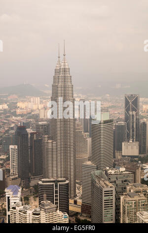 View from the observation deck on the KL tower, Kuala Lumpur, Malaysia, on a day with high humidity and hazy skies. Stock Photo