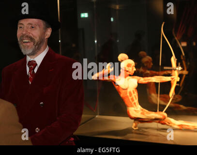 Berlin, Germany. 17th Feb, 2015. Plastination inventor Gunther von Hagens arrives at the opening of the Body-Worlds-Museum 'Humans Museum' in Berlin, Germany, 17 February 2015. Around the opening of the museum (it opens for public tomorrow), which displays plastinates by von Hagens, a conflict arose with the district. PHOTO: STEPHANIE PILICK/dpa/Alamy Live News Stock Photo
