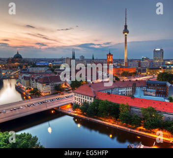 Berlin, Germany rooftop view on Television Tower, Berlin Cathedral, Rotes Rathaus and the River Spree - the major landmarks. Stock Photo