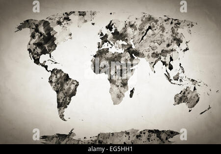 Watercolor world map. Black and white paint on paper, retro style. HD quality Stock Photo