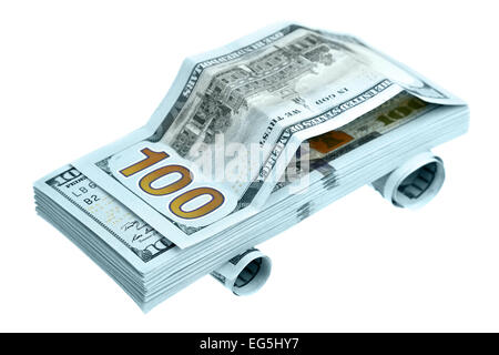 Car made of new hundred dollar bills isolated over the white background Stock Photo