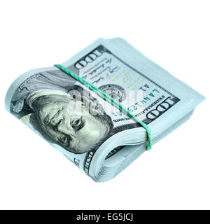 Bundle of new hundred dollar bills isolated over the white background Stock Photo