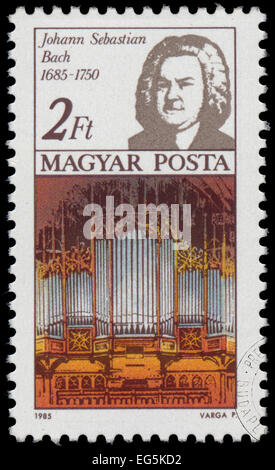 HUNGARY - CIRCA 1985: A stamp printed in Hungary, shows Johann Sebastian Bach and Thomas Church organ, circa 1985 Stock Photo