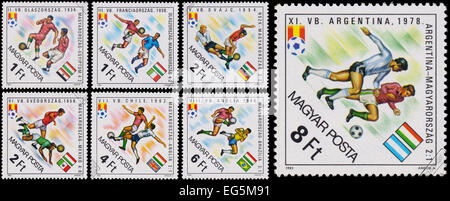 HUNGARY - CIRCA 1982: A stamp printed in Hungary from the 'World Cup Football Championship, Spain ' issue shows players and flag Stock Photo