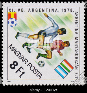 HUNGARY - CIRCA 1982: A stamp printed in Hungary from the 'World Cup Football Championship, Spain ' issue shows Argentina v. Hun Stock Photo