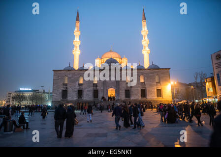 ISTANBUL, Turkey — Situated in the busy Eminonu quarter of Istanbul, at the southern end of the Galata Bridge, the New Mosque (or Yeni Cami) dates to around 1665. It's large prayer hall is decorated in the distinctive Ottoman imperial style. Stock Photo