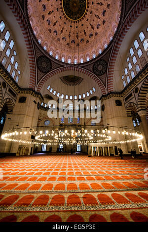 Suleymaniye Mosque Prayer Hall Interior Istanbul Turkey | ISTANBUL, Turkey — The prayer hall of the Süleymaniye Mosque, opened for worship on 15 October 1557, spreads approximately 3,500 square feet (325 m²) beneath Mimar Sinan's great cascading dome system. Sinan made the four piers comparatively slender — only two columns and three arches divide the aisles from the central space — to open the interior and reduce the barrier between the central hall and its surrounding spaces, a deliberate departure from the heavily screened Hagia Sophia plan. The calligraphic dome inscription, "God is the li Stock Photo