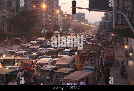 Numerous vehicles stuck in traffic jam due to closure of way leads towards Numaish Chowrangi in perception of protest of Shikarpur bomb blast affected families under the banner of Majlis-e-Wahdat-ul-Muslimeen, in Karachi on Tuesday, February 17, 2015. Stock Photo