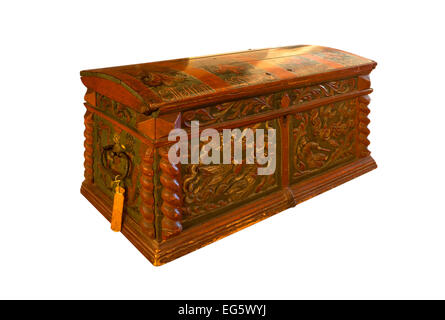 Closed brown wooden treasure chest, isolated on a white background with clipping path Stock Photo