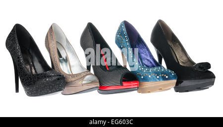 Five pair shoes of high heels, isolated on white background Stock Photo