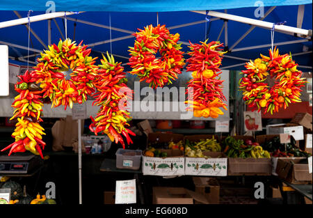 Colorful image of  bunches of chili peppers hanging on a stall front in Pike Place Market, Seattle Stock Photo