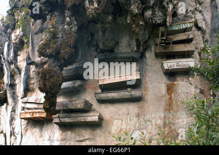 Hanging coffins. Echo Valley. Sagada. Northern Luzon. Philippines. Hanging coffins are coffins which have been placed on cliffs. Stock Photo