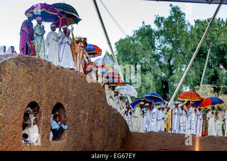 Priests Chant and Sway During Christmas Day Celebrations, Beite Maryam Church, Lalibela, Ethiopia Stock Photo