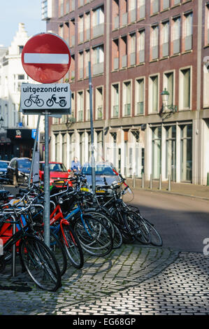 No entry except bicycles and motorbikes sign at a Dutch street, Netherlands Stock Photo