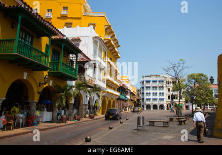 Cartagena, Colombia - February 22, 2014 - Workers start their day in the shops along the PLaza De Los Coches in Cartagena's old  Stock Photo