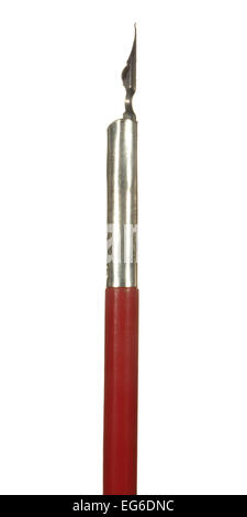 Antique pen with red wooden handle isolated on a white background. Stock Photo