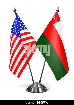 USA and Oman - Miniature Flags Isolated on White Background. Stock Photo