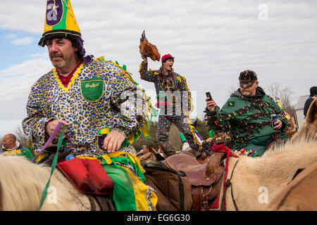 Costumed revelers dance on their horses during the Mamou Courir de Mardi Gras chicken run on Fat Tuesday February 17, 2015 in Mamou, Louisiana. The traditional Cajun Mardi Gras involves costumed revelers competing to catch a live chicken as they move from house to house throughout the rural community. Stock Photo