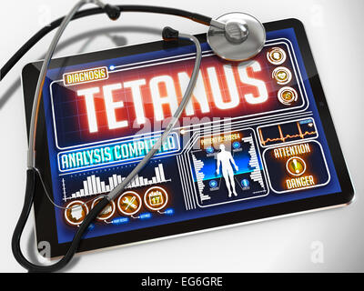 Tetanus - Diagnosis on the Display of Medical Tablet and a Black Stethoscope on White Background. Stock Photo
