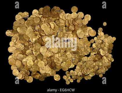 Jerusalem. 17th Feb, 2015. An undated photograph supplied by the Israeli Antiquities Authority on Feb. 17, 2015 shows the largest hoard of gold coins ever found in Israel. A fortune of at least 2,000 ancient gold coins were discovered accidentally by scuba divers offshore Israel about two weeks ago, the Israel Antiquities Authority said on Tuesday. It was found on the seabed in the ancient harbor of Caesarea National Park, the Antiquities Authority said in a statement. © JINI/Hand Out/Israel Antiquities Authority/Xinhua/Alamy Live News Stock Photo