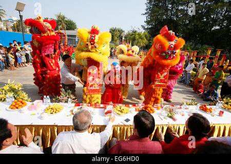 Phnom Penh, Spring Festival. 18th Feb, 2015. People perform a lion dance at the Chinese Embassy in Phnom Penh, Cambodia, Feb. 18, 2015. Lion and dragon dances were presented in Cambodia on Wednesday to greet Chinese Lunar New Year, or Spring Festival, which falls on Feb. 19, 2015. Credit:  Phearum/Xinhua/Alamy Live News