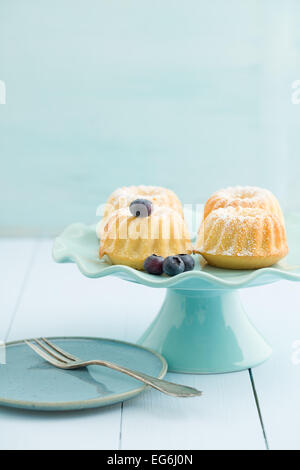 Mini bundt cakes with icing sugar on a cake stand with blueberries Stock Photo