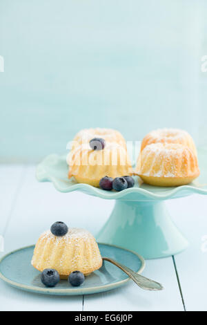 Mini bundt cakes with icing sugar on a cake stand with blueberries Stock Photo