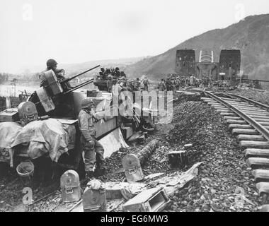 Ludendorff bridge at Remagen after its capture on March 7, 1945. U.S. 1st Army troops crossed the Rhine into Germany, gaining Stock Photo