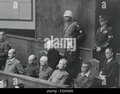 War crimes defendants in the dock at the Tokyo War Crimes Tribunal, May 21, 1946. Front row, at far left is Prime Minister and