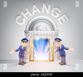 Change concept of a doormen hoding open a door to change with light streaming through it. Stock Photo