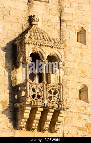 Lisbon, Portugal.  Detail of the 16th century Torre de Belem.  The tower is an important example of Manueline architecture. Stock Photo
