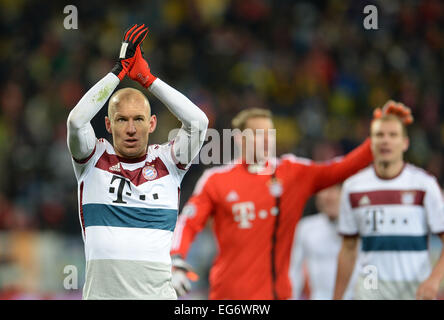 Lviv, Ukraine. 17th Feb, 2015. Munich's Arjen Robben reacts after the UEFA Champions League Round of 16 first leg soccer match between Shakhtar Donetsk and FC Bayern Munich at the Arena in Lviv, Ukraine, 17 February 2015. Photo: Andreas Gebert/dpa/Alamy Live News Stock Photo