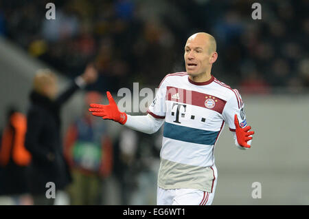 Lviv, Ukraine. 17th Feb, 2015. Munich's Arjen Robben gestures during the UEFA Champions League Round of 16 first leg soccer match between Shakhtar Donetsk and FC Bayern Munich at the Arena in Lviv, Ukraine, 17 February 2015. Photo: Andreas Gebert/dpa/Alamy Live News Stock Photo