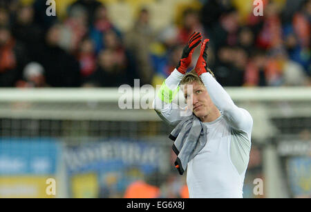 Lviv, Ukraine. 17th Feb, 2015. Munich's Bastian Schweinsteiger reacts after the UEFA Champions League Round of 16 first leg soccer match between Shakhtar Donetsk and FC Bayern Munich at the Arena in Lviv, Ukraine, 17 February 2015. Photo: Andreas Gebert/dpa/Alamy Live News Stock Photo