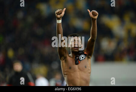 Lviv, Ukraine. 17th Feb, 2015. Munich's David Alaba reacts after the UEFA Champions League Round of 16 first leg soccer match between Shakhtar Donetsk and FC Bayern Munich at the Arena in Lviv, Ukraine, 17 February 2015. Photo: Andreas Gebert/dpa/Alamy Live News Stock Photo