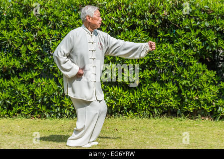 Shanghai, China - April 7, 2013: one old man exercising kung fu in fuxing park at the city of Shanghai in China on april 7th, 2013 Stock Photo
