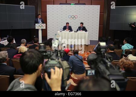 Almaty, Kazakhstan. 18th Feb, 2015. IOC Sports Director Christophe Dubi (R) and Russia's Olympic Committee chief Alexander Zhukov (C) attend a press conference held in Almaty, Kazakhstan, on Feb. 18, 2015. The IOC evaluation commission, headed by Alexander Zhukov, completed the five-day visit in Almaty. © Miao Zhuang/Xinhua/Alamy Live News Stock Photo