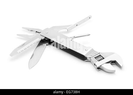 adjustable wrench and multi tool on white Stock Photo