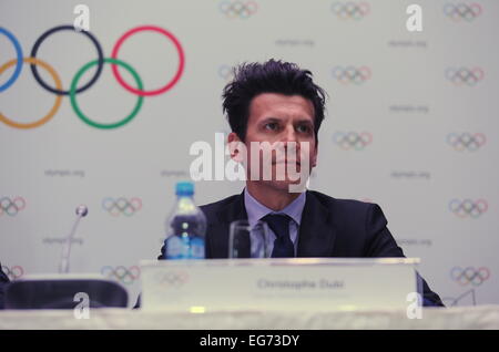 Almaty, Kazakhstan. 18th Feb, 2015. IOC Sports Director Christophe Dubi reacts during a press conference held in Almaty, Kazakhstan, on Feb. 18, 2015. The IOC evaluation commission, headed by Alexander Zhukov, completed the five-day visit in Almaty. © Miao Zhuang/Xinhua/Alamy Live News Stock Photo