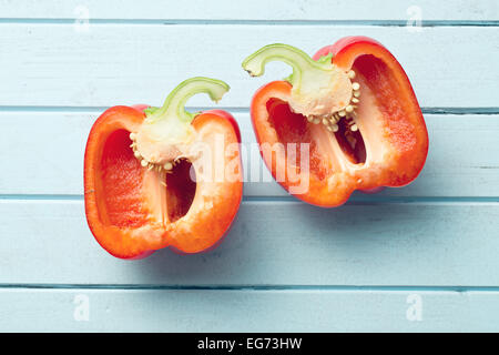 top view of halved red bell pepper on table Stock Photo