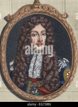 James II and VII (1633-1701). King of England and Ireland as James II and king of Scotland as James VII (1685-1688). Portrait. Engraving. Colored. Stock Photo