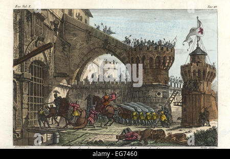 Assault with tower and testudo on a medieval castle portcullis. Stock Photo