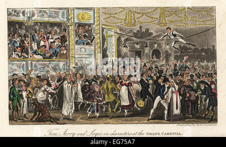 English dandies in fancy dress at a costume ball at Vauxhall Gardens, 1820. Tom, Jerry and Logic in characters at the Grand Carnival. Stock Photo