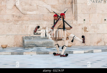 ATHENES, GREECE - March, 01: Evzones changing the guard at the Tomb of the Unknown Soldier in Athenes on March, 01, 2010 Stock Photo