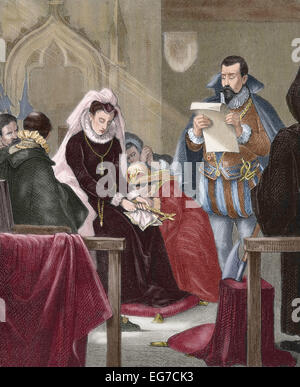 Mary, Queen of Scots (1542-1587) and Queen consort of France. Mary Stuart on the scaffold. Engraving in 'Almanaque de la Ilustracion', 1880. Colored.