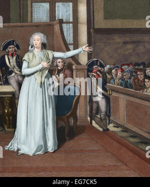 Marie Antoinette (1755-1793), wife of Louis XVI and Queen of France, before the court. Engraving. Colored. Stock Photo