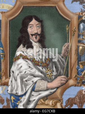 Louis XIII (1601-1643). King of France. Portrait. Engraving in 'La Historia Universal', 1885. Colored. Stock Photo