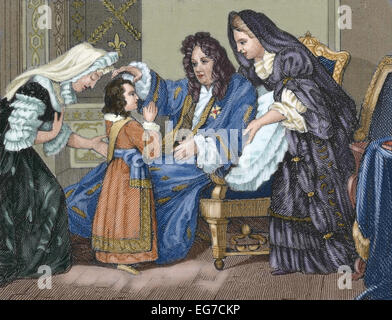 Louis XIV (1638-1715), King of France, with his grandson. Engraving. Colored. Stock Photo
